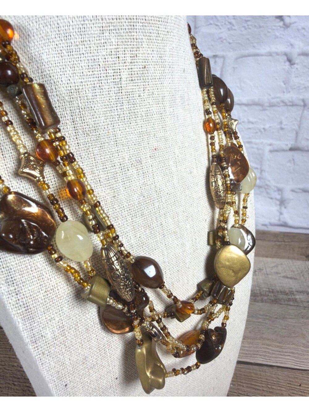 Multi Strand Beaded Statement Necklace Earth Tone Chunky Boho Layered Collar - Picture 4 of 10
